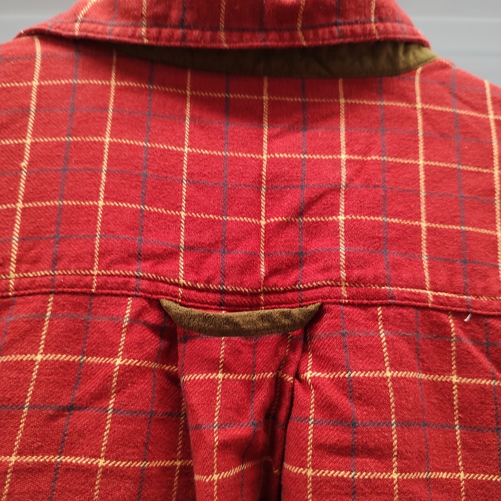Men's Orvis red plaid flannel button down shirt with faux suede patch si… - Picture 7 of 7